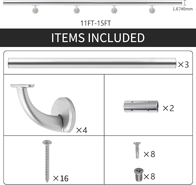 12FT Modern Aluminum Handrail Set, handrails for Indoor Stairs,Deck,Slope, Wall Mounted Staircase handrails, Zink Alloy Brackets Included,Rust Free. (Anodized Silver, 12 FT)