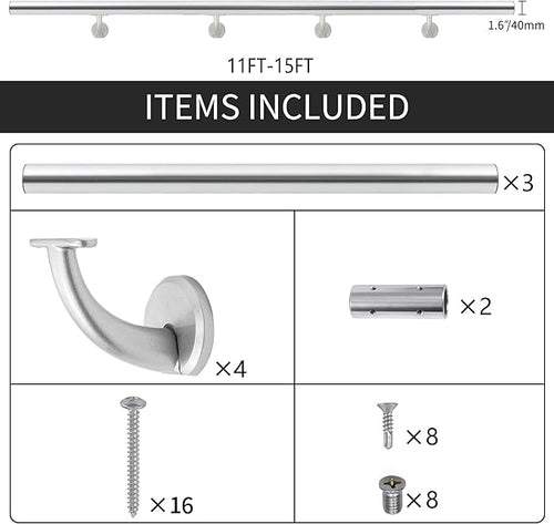 12FT Modern Aluminum Handrail Set, handrails for Indoor Stairs,Deck,Slope, Wall Mounted Staircase handrails, Zink Alloy Brackets Included,Rust Free. (Anodized Silver, 12 FT)