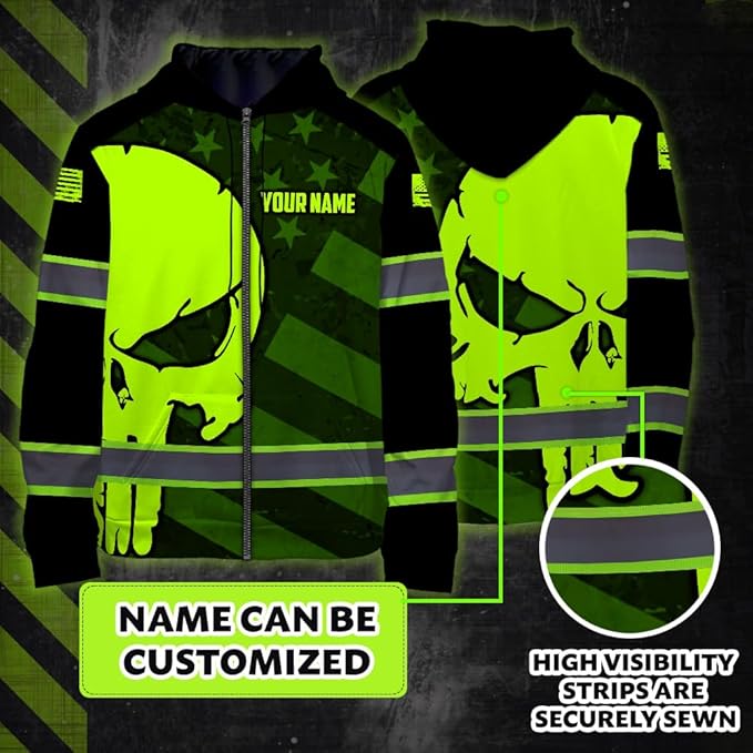 Maddly Hi Vis Reflective Zip Up Hoodie, High Visibility Safety Jacket with Skull Design for runner, worker, trucker, cyclist