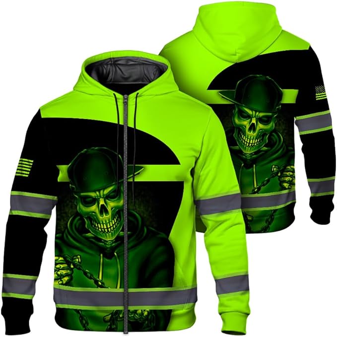 Maddly Hi Vis Reflective Zip Up Hoodie, High Visibility Safety Jacket with Skull Design for runner, worker, trucker, cyclist
