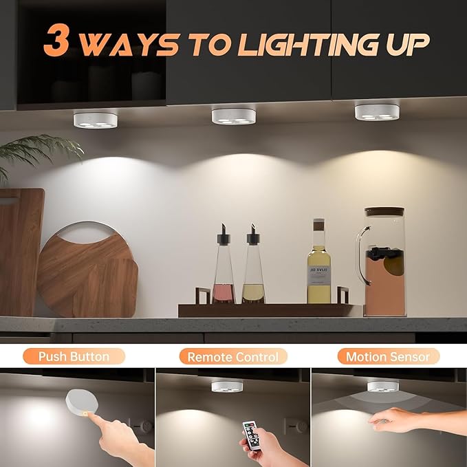 3PCS Motion Sensor Closet Puck Light, Wireless Rechargeable Stair Step Lights Indoor with 3 Colors Temper, Magnet Stick on Lighting for Cabinet,Hallway,Stairway,Bathroom,Bedroom,Kitchen