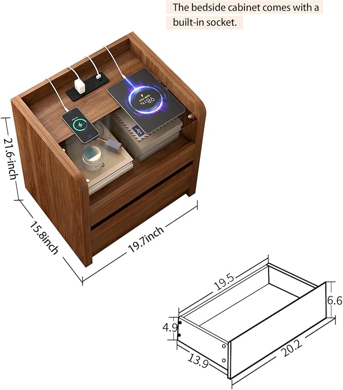 Walnut Nightstand with Charging Station, 20 Inch Wide Night Stand with Deep Drawers, Modern Bedroom Bedside End Table with Round Corners & Reinforced Panel Design for Dorm, Sofa, Office
