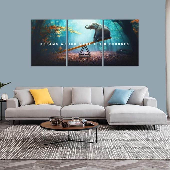Unbruvo Elephant Wall Art for Office, Motivational Inspirational Canvas Wall Art, 3 Pieces Elephant Painting Prints Wall Decor for Living Room Bedroom Classroom Dorm(36”Wx16”H)