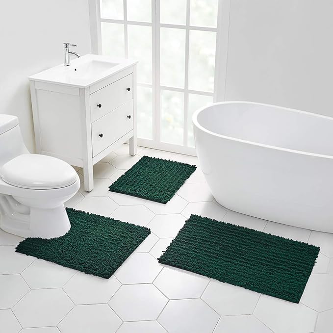 Walensee Large Bathroom Rug Non Slip Bath Mat (72x24 Inch Hunter Green) Water Absorbent Super Soft Shaggy Chenille Machine Washable Dry Extra Thick Perfect Absorbant Best Plush Carpet For Shower Floor