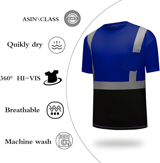 High Visibility Shirts Quick Dry Safety T Shirts with Reflective Strips and Pocket Short Sleeve Mesh Hi Vis Construction Work Class 2 Shirt for Men/Women Black Bottom Blue,Small