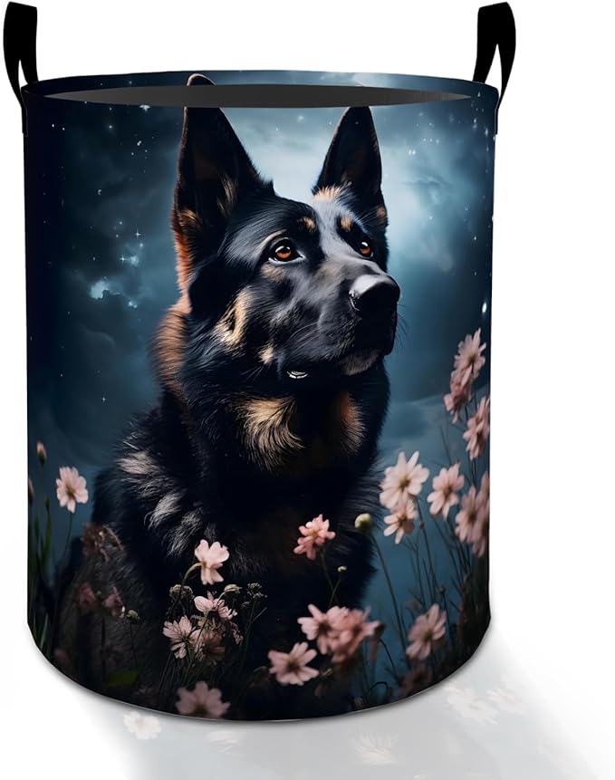 German Shepherd Laundry Basket Hamper for Boys Girls Kids Adults, Foldable Waterproof Oxford Clothes Storage Bin, Dog Organizer for Bedroom Bathroom Room Decor 19.7"x15.8"