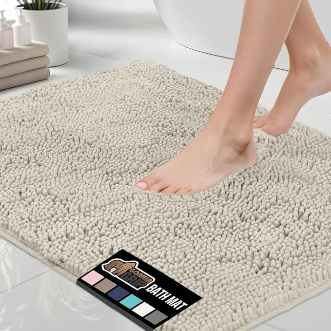 GORILLA GRIP Bath Rug Mat, Thick Soft Absorbent Chenille, Quick Dry Microfiber Mats, Rubber Backing Washable Shower Floor Rugs, US Designed Bathroom Bathmat Home Decor Accessories, 24x17, Ivory