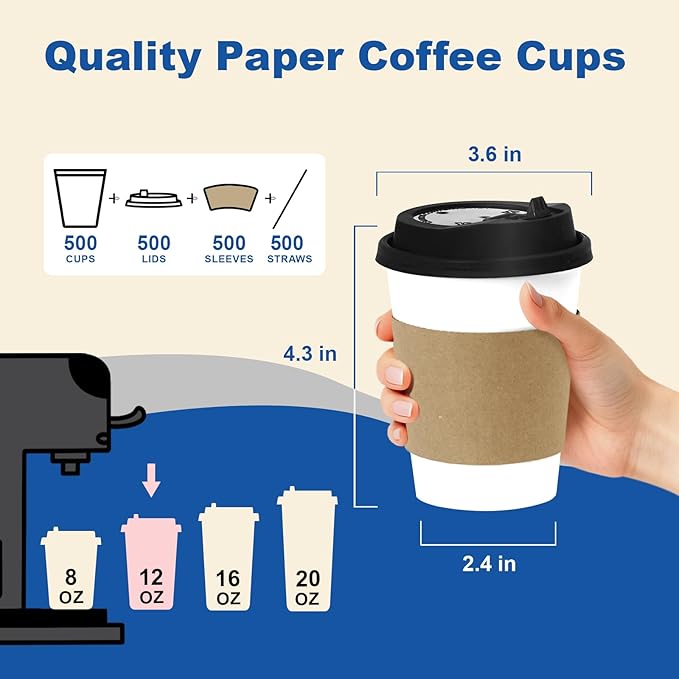 12 oz 500 Pack Coffee Cups with Lids and Sleeves, Straws, Hot Disposable To Go Travel Paper Cups Bulk for Office, Home Coffee Bar Accessories, Chocolate, Cocoa, Beverage (White)