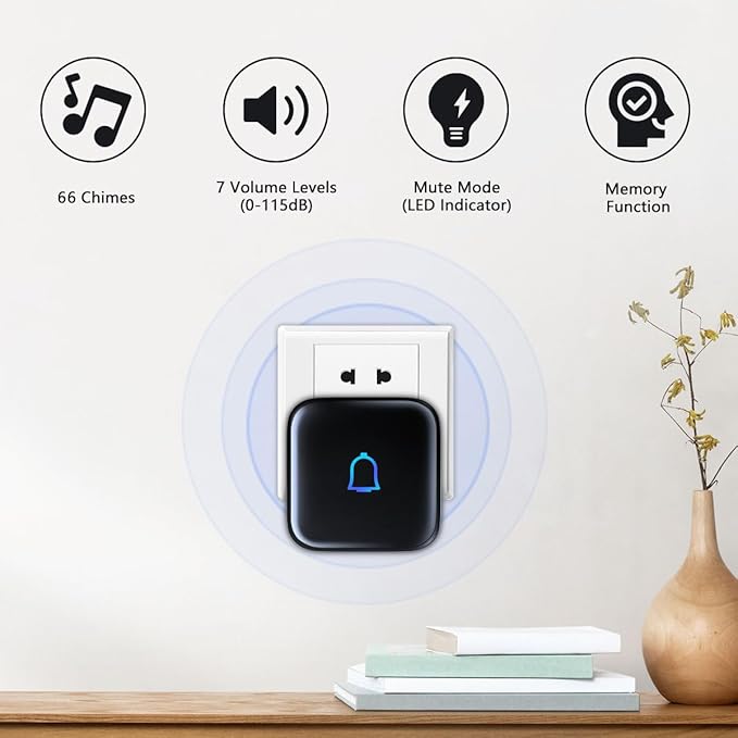 Wireless Doorbell Loud Classroom Doorbell IP66 Waterproof Doorbell 1000Ft 66 Chimes Mute Mode 115dB 7-Level Vol Electric Door Bell Ringer for Home Office Kids Room Teachers & Hearing-Impaired