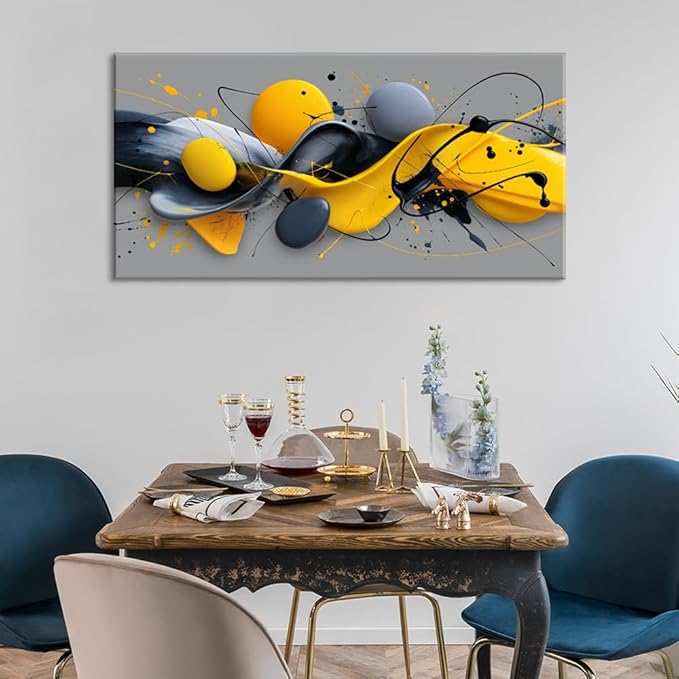 Yellow Abstract Splash Pigment Wall Art for Living Room Canvas Painting Prints Dynamic Art Deco Gray Vibrant Artwork Office Bedroom Family Decor Extra Large