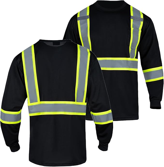 FONIRRA Hi Vis Shirts for Men Reflective ANSI Class 2 Safety Long Sleeve High Visibility Work Construction T Shirts Black