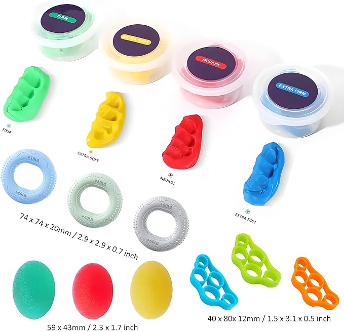 Hand Therapy Putty Kit, Grip Strength Trainer, Forearm Strengthener, Stress Balls, Hand Strengthening Devices 15Pcs Set Grip Strength, Dexterity, Mobility, Injury Stress Relief