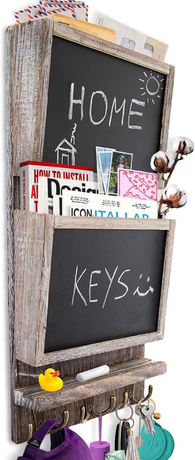 Rustic 2-Slot Mail Sorter Organizer for Wall with Chalkboard Surface & 3 Double Key Hooks - Wooden Wall Mount Mail Holder Organizer – Wall Décor for Entryway made of Paulownia Wood - Rustic White