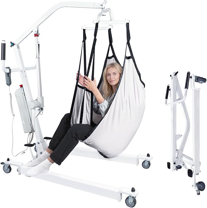 Patient Lift Transfer Chair, 5 in 1 Patient Lift Chair with 180°Split Seat, Height Adjustable Patient Transfer Chair with 4 Casters for Home Seniors Elderly, Load 450Lbs (Electric/Hanger, Silver)