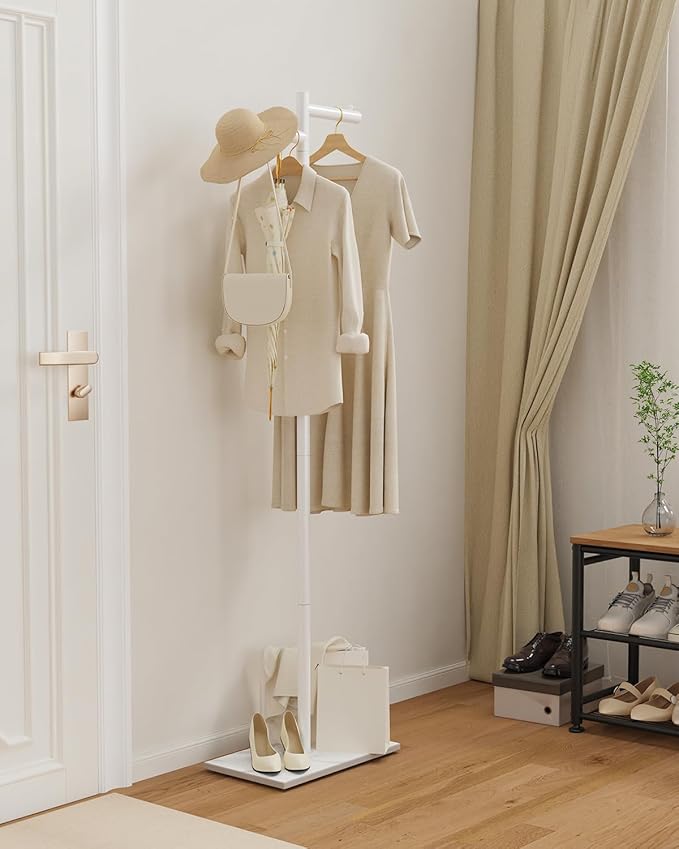 Garment Rack, Freestanding Metal Coat Racks, Z-shaped Coat Tree with Natural Rock Base, Suitable For Outerwear, Clothes, Handbags, 175cm, White