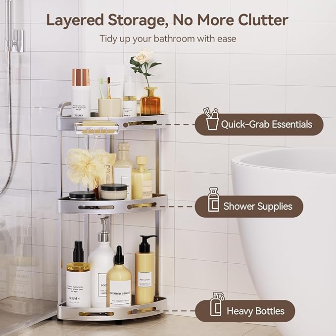 Corner Shower Caddy Standing, 3-Tier Rustproof Shower Organizer with Soap Holder, Aluminum Shower Shelf Stand for Bathroom Storage, Siver