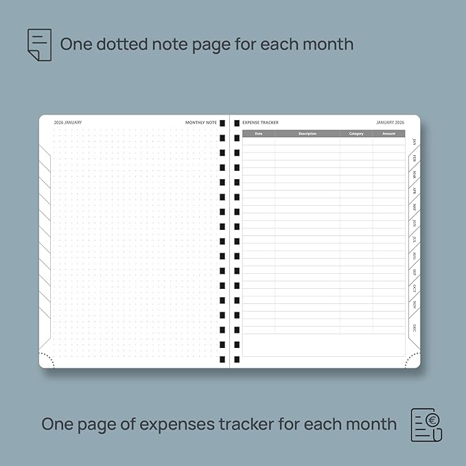POPRUN Monthly Planner 2026-2027 (Medium 6.5" x 8.5") 18 Months Calendar (Jan 2026 - Jun 2027) - 4 Pages per Month with Expense & Notes, Stair-like tabs, Leather Cover, Sunday Starts - Grey