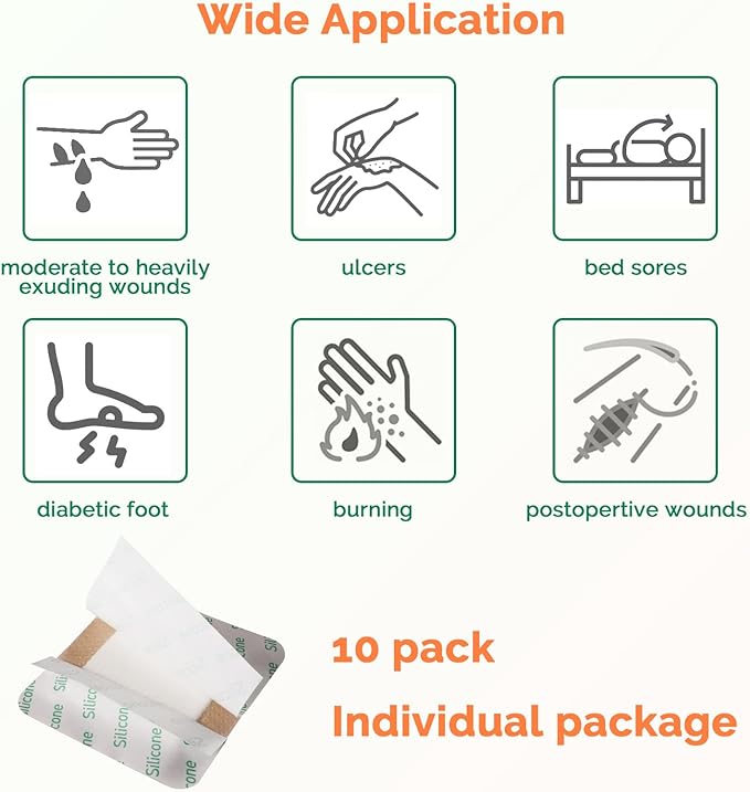 Silicone Foam Dressing 3x3 Inch with Border 10 Packs Adhesive Waterproof Wound Dressing Bandages for Wound Care High Absorbency Foam Pad Bandaid
