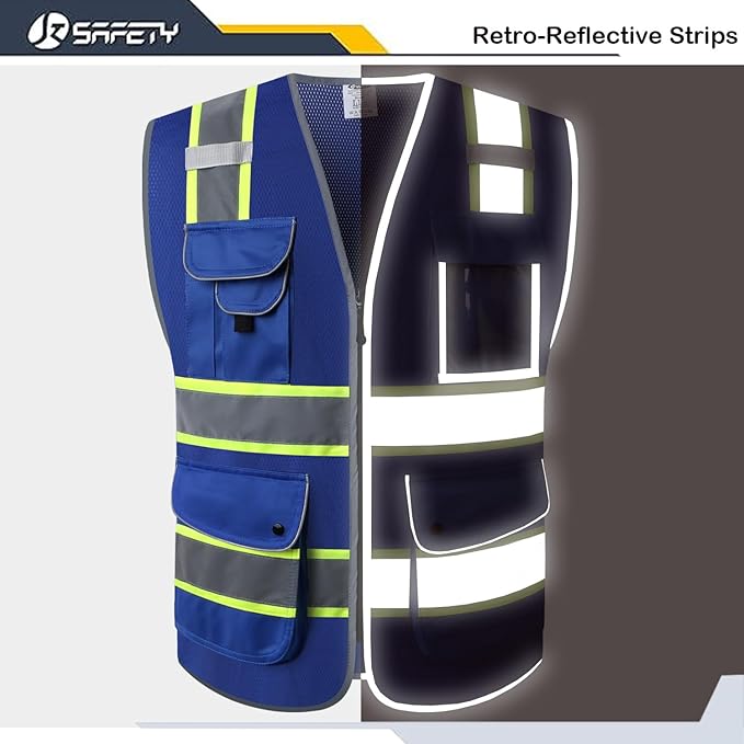 JKSafety 9 Pockets High Visibility Zipper Front MESH Blue Safety Vest | Blue with Dual Tone High Reflective Strips | ANSI/ISEA Standards (100-Blue, L)