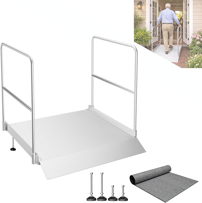 Aluminum Adjustable Threshold Ramp with Detachable Handrail for Wheelchair, 36" x 36" Doorway Ramp with 3.4"–7.2" Rise, Self-Supporting Entry Ramp for Uneven Surfaces, 880lb Capacity with Non-Slip Mat