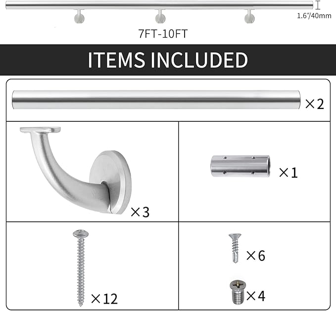 8FT Modern Aluminum Handrail Set, handrails for Indoor Stairs,Deck,Slope, Wall Mounted Staircase handrails, Zink Alloy Brackets Included,Rust Free. (Anodized Silver, 8 FT)