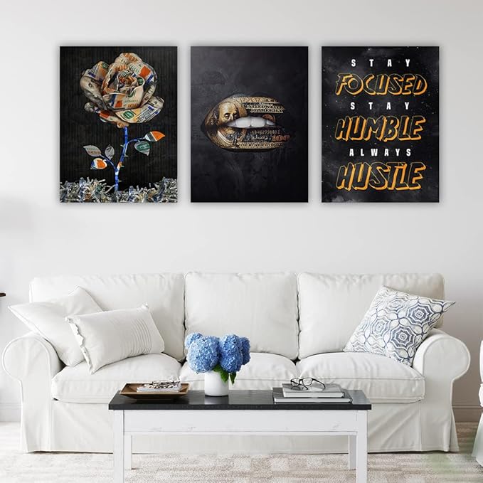 Motivational Canvas Painting Wall Art Flower Landscape Hustle Grind Inspirational Wall Art 3 Pieces Canvas Prints Framed Entrepreneur Poster Positive Quotes Wall Poster for Home Office Wall Decor