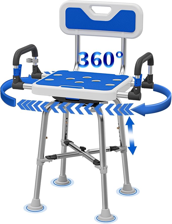 Swive Shower Chair with Arms and Back Heavy Duty 500 lbs for Seniors Elderly Disabled or Bariatric Adults Bench Seat for Inside Shower Stall and Bathroom Bath Tub Seats Adjustable Stool