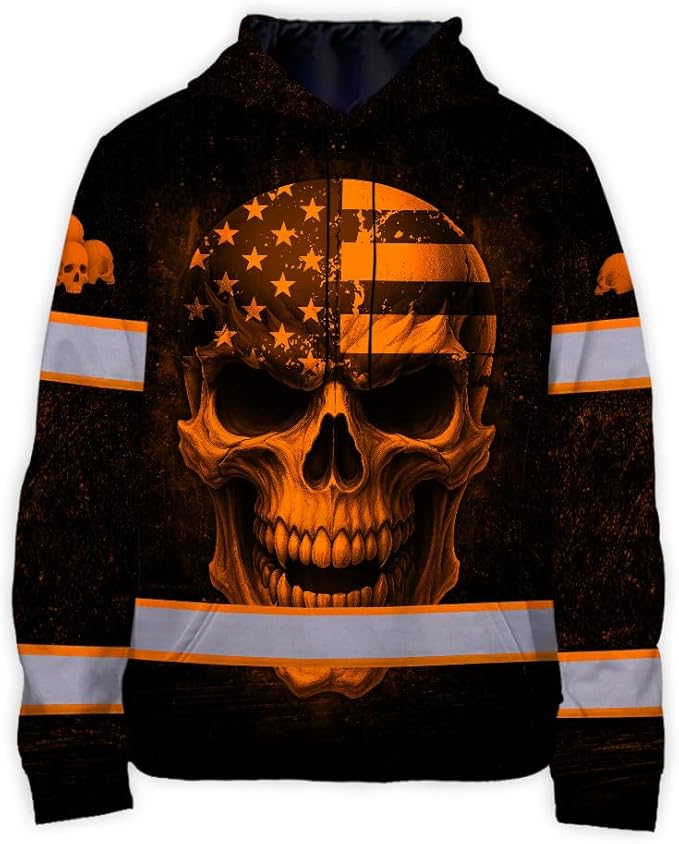 Matedecor Skull US Flag Reflective High Visibility Hoodie For Men Construction Hi Vis Safety Workwear Custom Name
