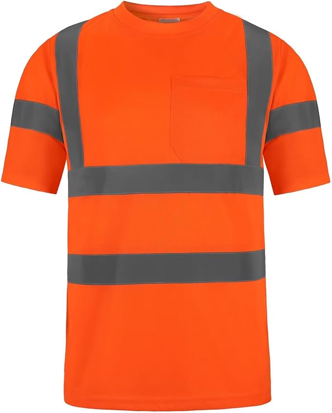 High Visibility Class 3 T Shirts，Hi Vis Safety Shirts with Reflective Strips and Pocket, Short Sleeve Quick Dry Mesh Construction Work Shirt for Men/Women Orange,2XL