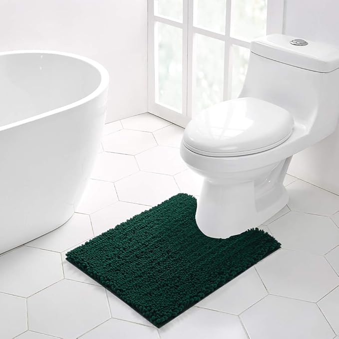 Walensee Bathroom Rug 2 Pieces Set Non Slip Bath Mat (20"x32" Plus 20"x24" U Hunter Green) Water Absorbent Super Soft Shaggy Chenille Machine Washable Dry Extra Thick Perfect Carpet for Shower Floor