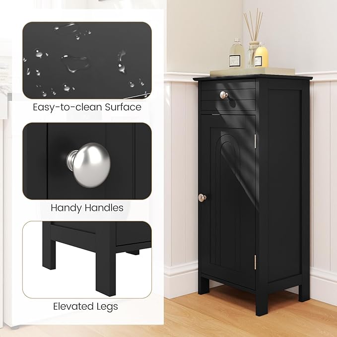 GLACER Floor Storage Cabinet, Multifunctional Bathroom Storage Cabinet with 2 Adjustable Shelves, Ideal for Bathroom, Living Room, 14 x 12 x 34.5 inches (Black)