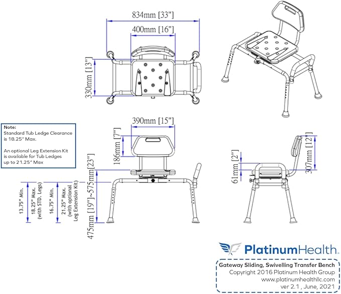 Platinum Health Gateway Premium Sliding Bath Transfer Bench with Swivel Seat-Padded (Blue)