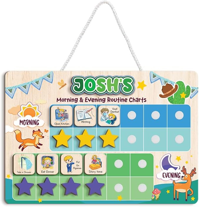 Wooden Chore Chart for Kids Visual Schedule, Routine Chart for Kids, Morning Bedtime Routine Chart for Toddlers Ages 2-4, Daily Kids Schedule Board for Home (13)