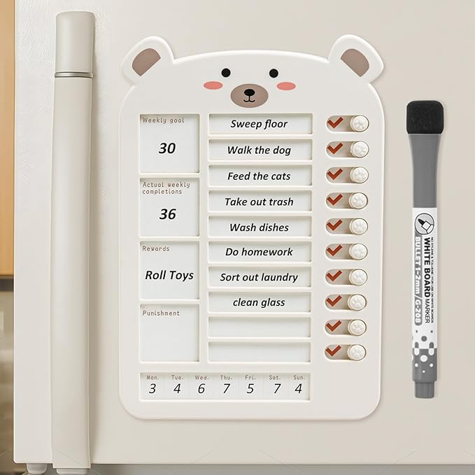 Weekly Chore Chart for Kids Dry Erase Chore Board,Behavior Chore Chart for Multiple Kids, Cute Visual for Kids Schedule Board for Home, Kids Checklist to Do List ADHD Tools (Cute Bear, 1)