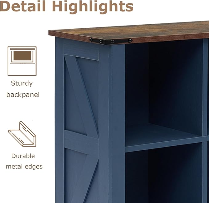6 Cube Bookcase, Wooden Cube Storage Organizer Shelf, Blue Horizontal Book Shelf with LED Lights, Freestanding Display Cabinet for Living Room, Hallway TV Stand for Entryway