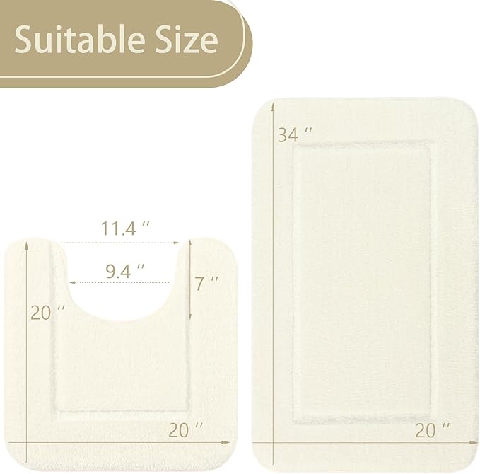LOCHAS Bathroom Rug Set Cream White, Soft Bath Rug Set 2 Piece Set, Toilet Mat U-Shaped 20x20 and 34x20 Bath Rugs, Quickly Dry Mats for Bathroom, Tub, Washable, Super Absorbent Floor Mat