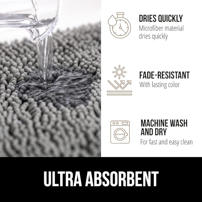 GORILLA GRIP Bath Rug Mat 60x24, Thick Soft Absorbent Chenille, Quick Dry Microfiber Mats, Rubber Backing Washable Shower Floor Rugs, Bathmat Runner, US Designed Bathroom Home Decor Accessories Grey