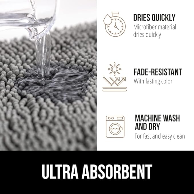 GORILLA GRIP Bath Rug Mat 48x24, Thick Soft Absorbent Chenille, Quick Dry Microfiber Mats, Rubber Backing Washable Shower Floor Rugs, Bathmat Runner, US Designed Bathroom Home Decor Accessories Grey