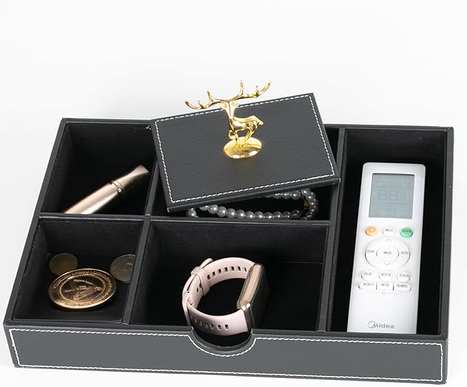 Jewelry Trays Nightstand Organizer, Valet Tray for Men and Women, Tray Organizer, Dressing table Storage box, Dark Brown Faux Leather, 5 Compartment