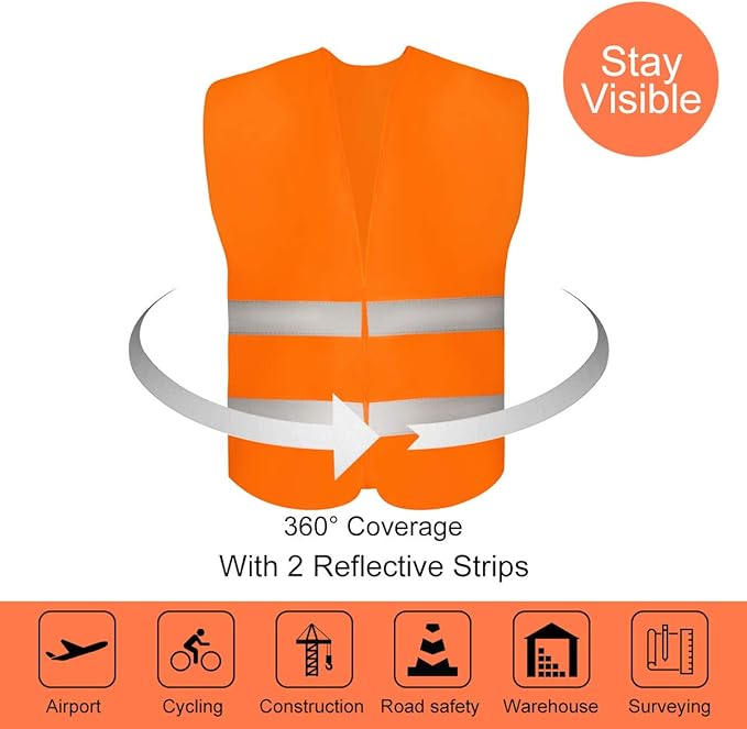 DUSKCOVE 20 Pack High Visibility Safety Vests with 2 Hi Vis Reflective Strips for Men and Women - Neon Orange Construction Vests for Traffic Work, Running, Surveyor and Security Guard