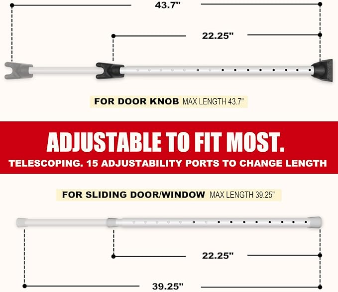 SECURITYMAN 3-in-1 Door Security Bar & Sliding Patio Door Security Bar (2 Pack) via Interchangeable Caps - Heavy Duty Iron Door Stoppers for Home, Apartment, Travel Hotel, Sliding Windows - White