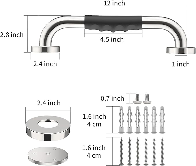 2 Pack 12 Inch Shower Grab Bar w/Anti Slip Rubber Grip, ZUEXT SUS304 Stainless Steel Bath Grab Bar, Bathroom Balance Bar, Wall Mount Safety Handrail Support, Handicap Injury Elderly Assist Handle
