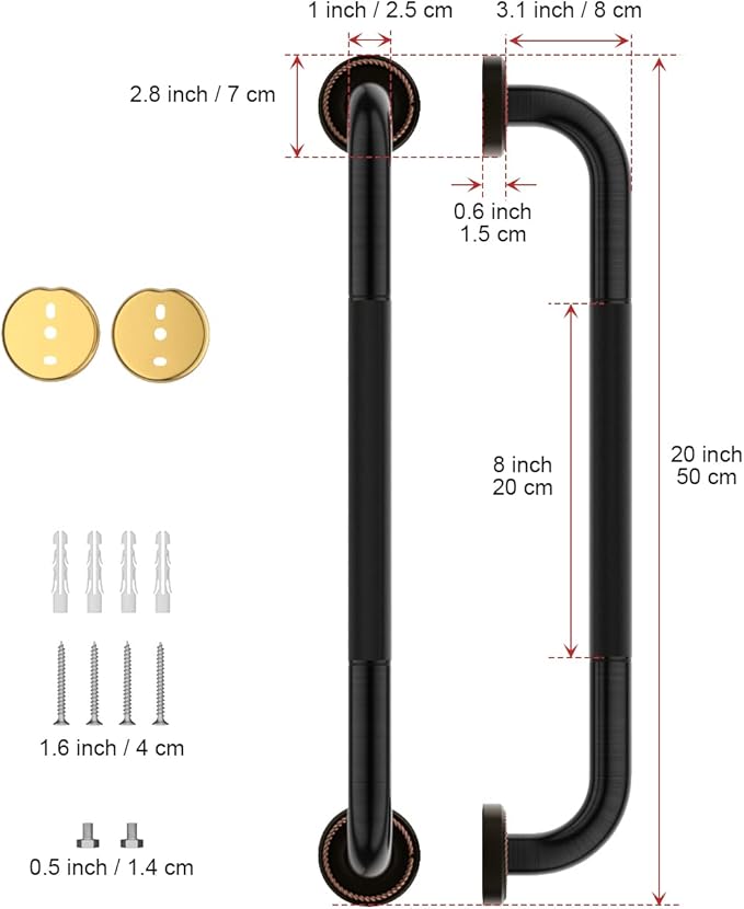 2 Pack 20 Inch Bronze Shower Grab Bar Matte Black, Munzong Antique Brass Bathroom Grab Bar w/Anti-Slip Knurled Grip, Bathroom Balance Bar, Safety Handrail Support, Injury Elderly Senior Assist Handle