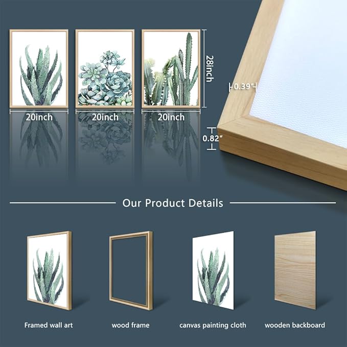 Natural Wood Framed Canvas Wall Art For Living Room Bathroom Wall Decor For Bedroom Kitchen Artwork Canvas Prints Green Plant Flowers Painting Large Size Framed Office Home Decorations Family Picture