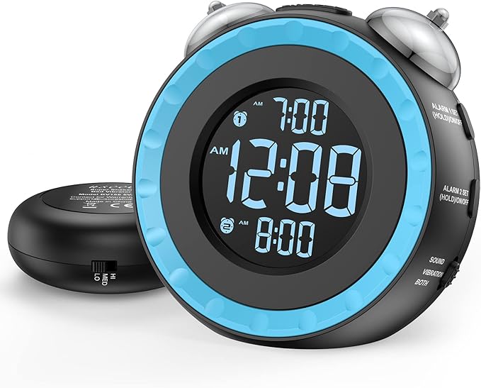 uscce Loud Dual Alarm Clock with Bed Shaker - 0-100% Dimmer, Vibrating Alarm Clock for Heavy Sleepers or Hearing Impaired, Easy to Set, USB Charging Port, Snooze, Battery Backup (Blue)