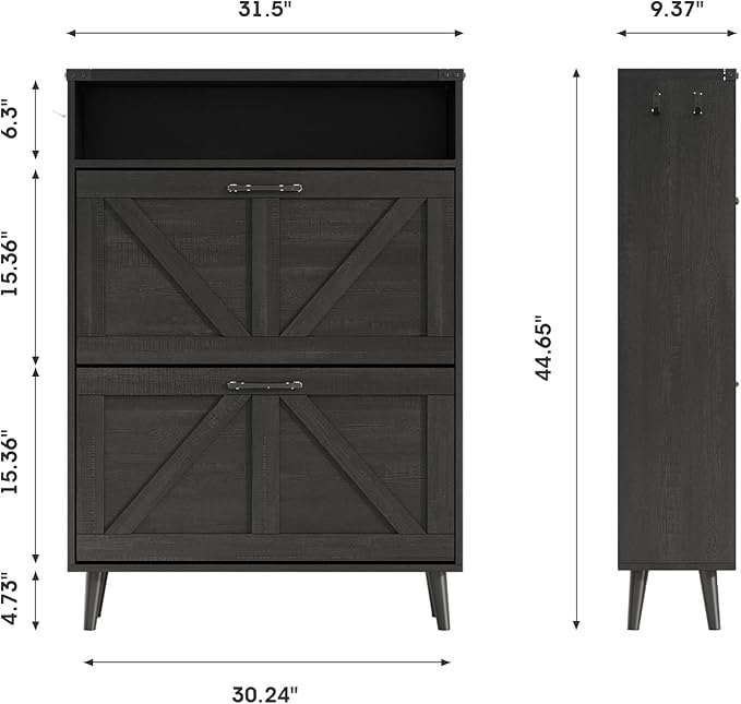 Shoe Cabinet with 2 Flip Drawers & Open Storage,Farmhouse Shoe Storage Cabinet for Entryway,Freestanding Narrow Organizer Rack with Legs,Foyer,Hallway,Black