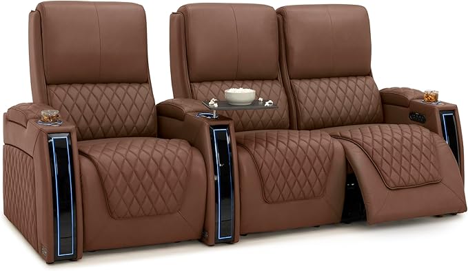 Seatcraft Apex Zero-Gravity CoolZero Italian Leather Home Theater Seating, Powered Headrest, Powered Lumbar, Powered Recline, Row of 3 Right Loveseat, Tobacco