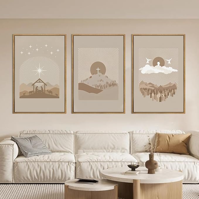 IARTTOP Extra Large Jesus Framed Wall Art 24x36 Inch Set of 3 Brown Nativity Christian Canvas Wall Decor Grey Bible Verse Artwork for Church Living room Bedroom
