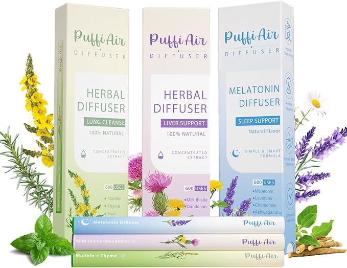 PUFFIAIR Daily Balance Trio Herbal Diffuser Pen Set | Refresh Reset Calm Blends | Green Purple Blue | 3 Count