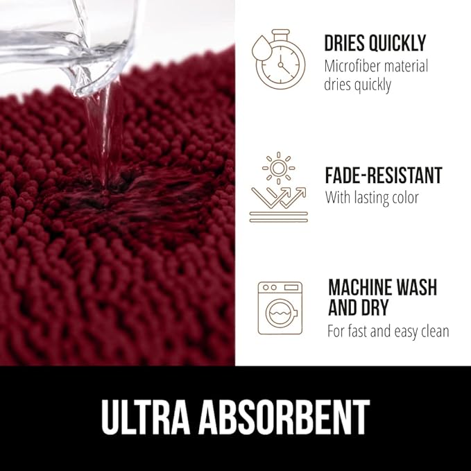 GORILLA GRIP Bath Rug Mat 48x24, Soft Absorbent Chenille, Quick Dry Microfiber Mats, Rubber Backing Washable Shower Floor Rugs, Bathmat Runner, US Designed Bathroom Home Decor Accessories Burgundy